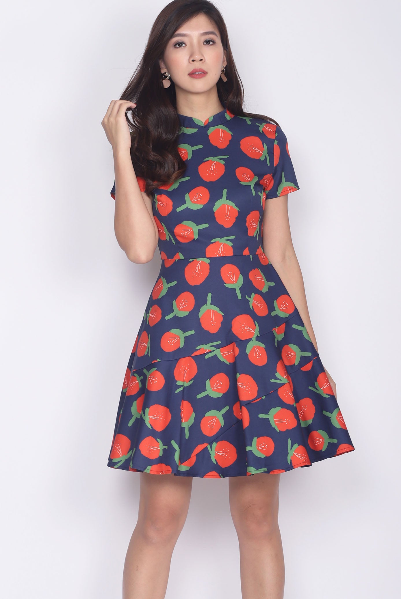 Aalin Red Floral Removable Cheong Sam Collar Dress In Navy Blue