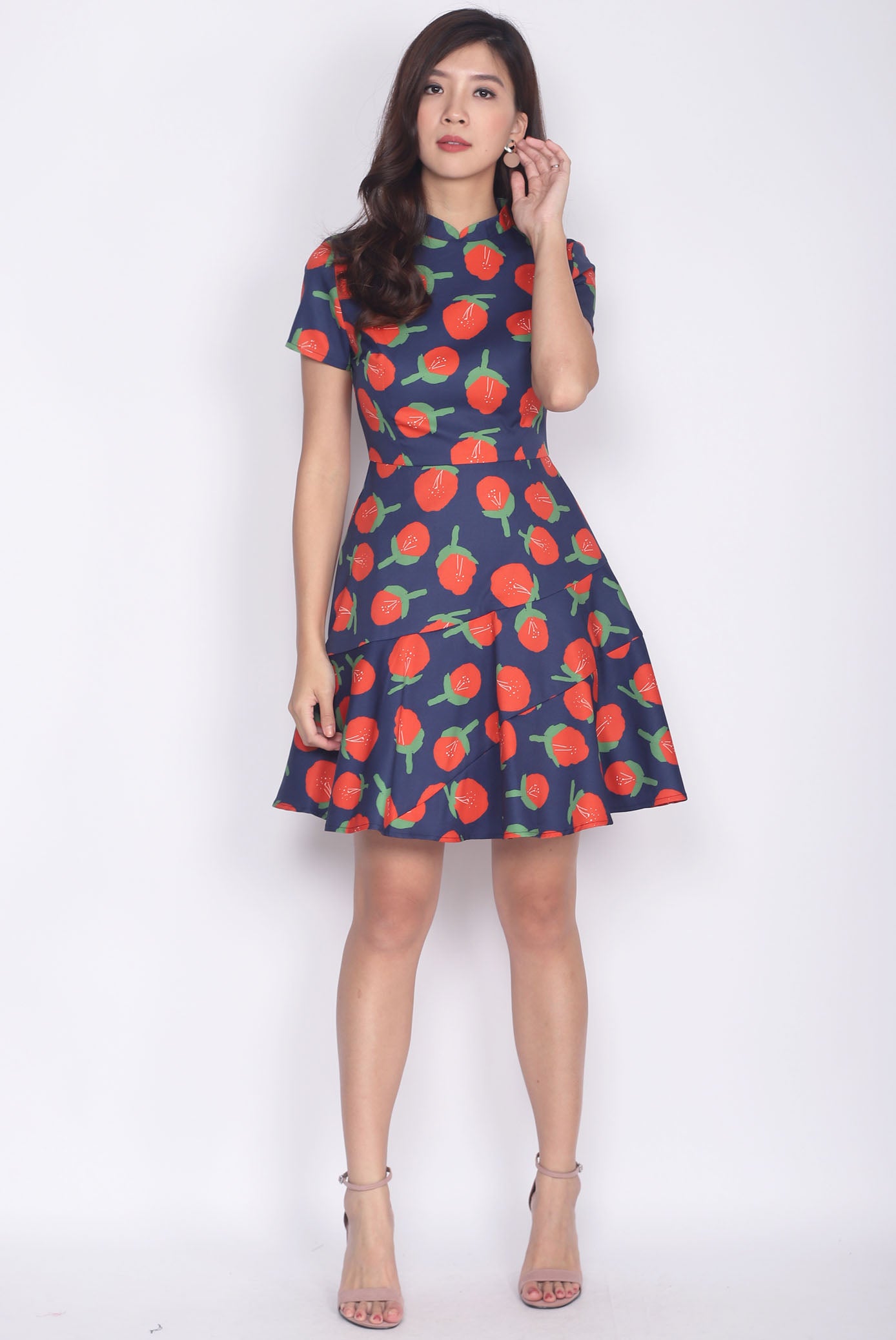 Aalin Red Floral Removable Cheong Sam Collar Dress In Navy Blue