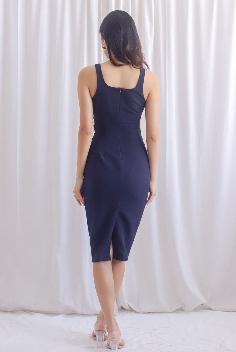 TDC Acelynn Drape Bodycon Work Dress In Midnight Blue – The Design Closets