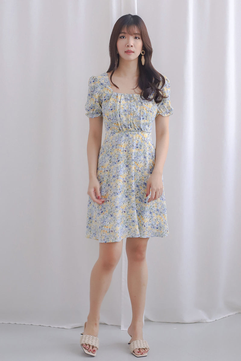 Adel Elastic Back Floral Sleeve Dress In Yellow Blue