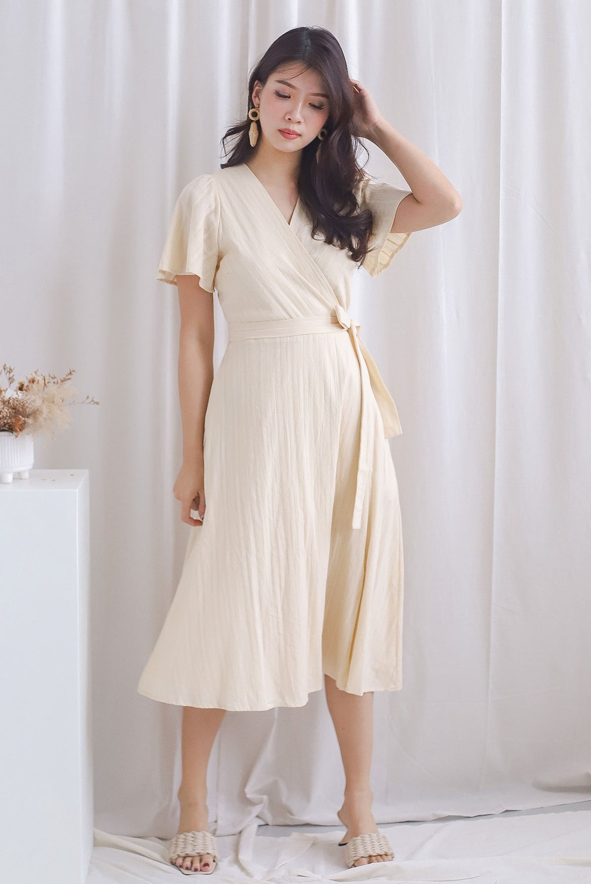 Adina Lattice Eyelet Flutter Sleeve Wrap Dress In Ecru
