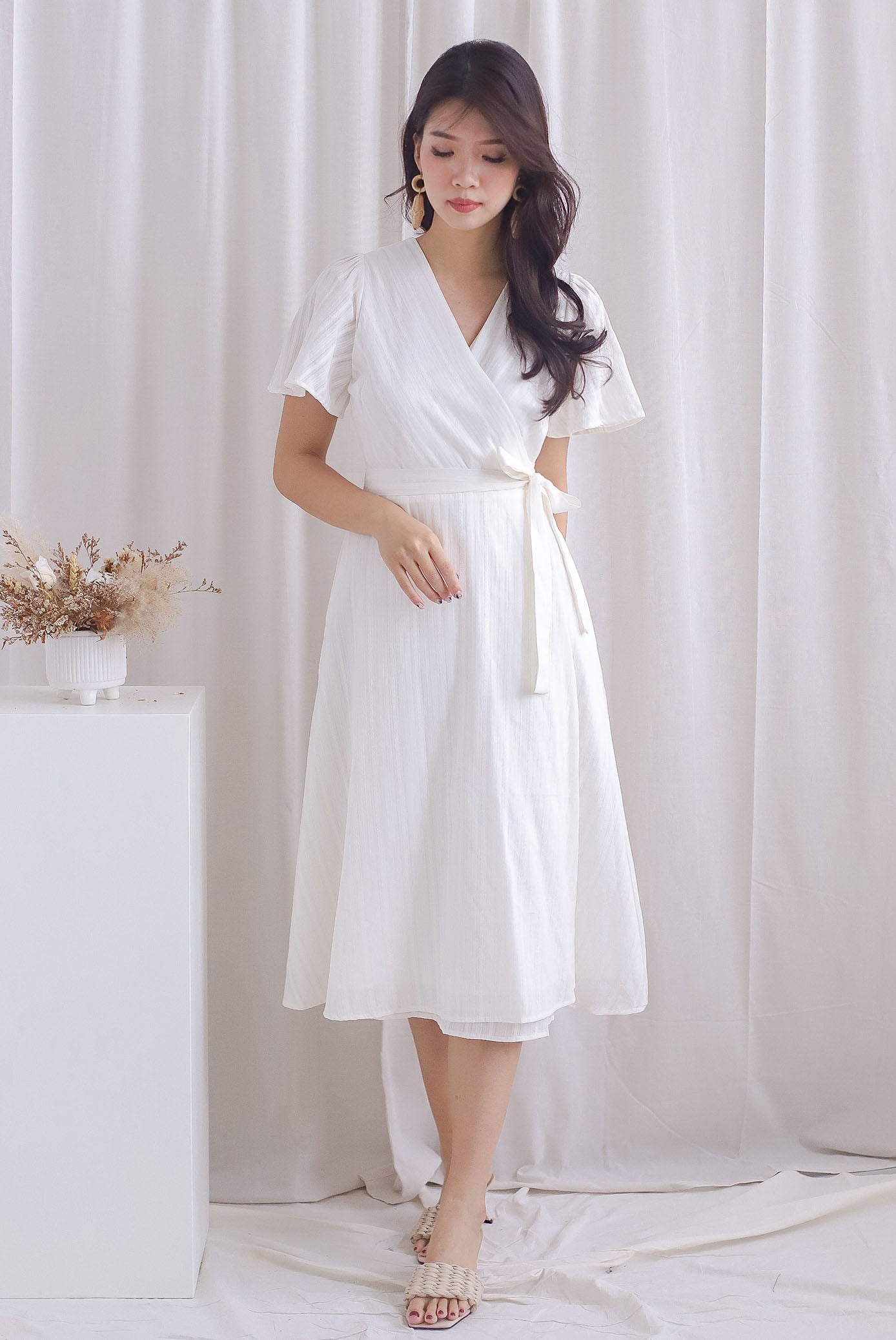 Adina Lattice Eyelet Flutter Sleeve Wrap Dress In White