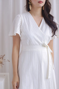 Adina Lattice Eyelet Flutter Sleeve Wrap Dress In White