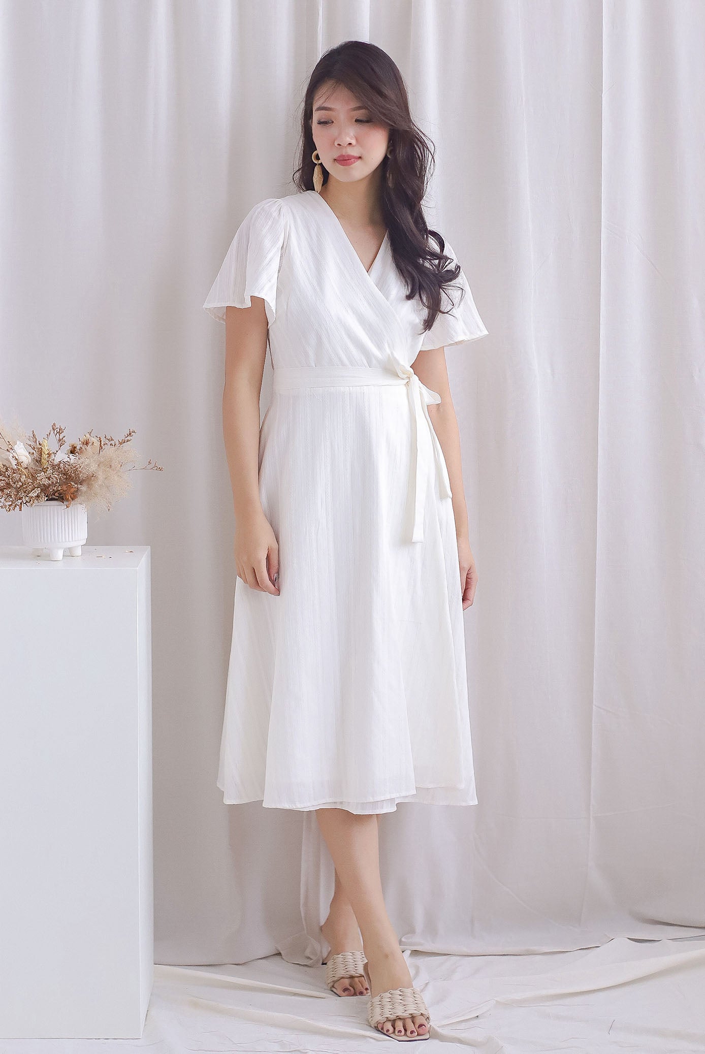 Adina Lattice Eyelet Flutter Sleeve Wrap Dress In White