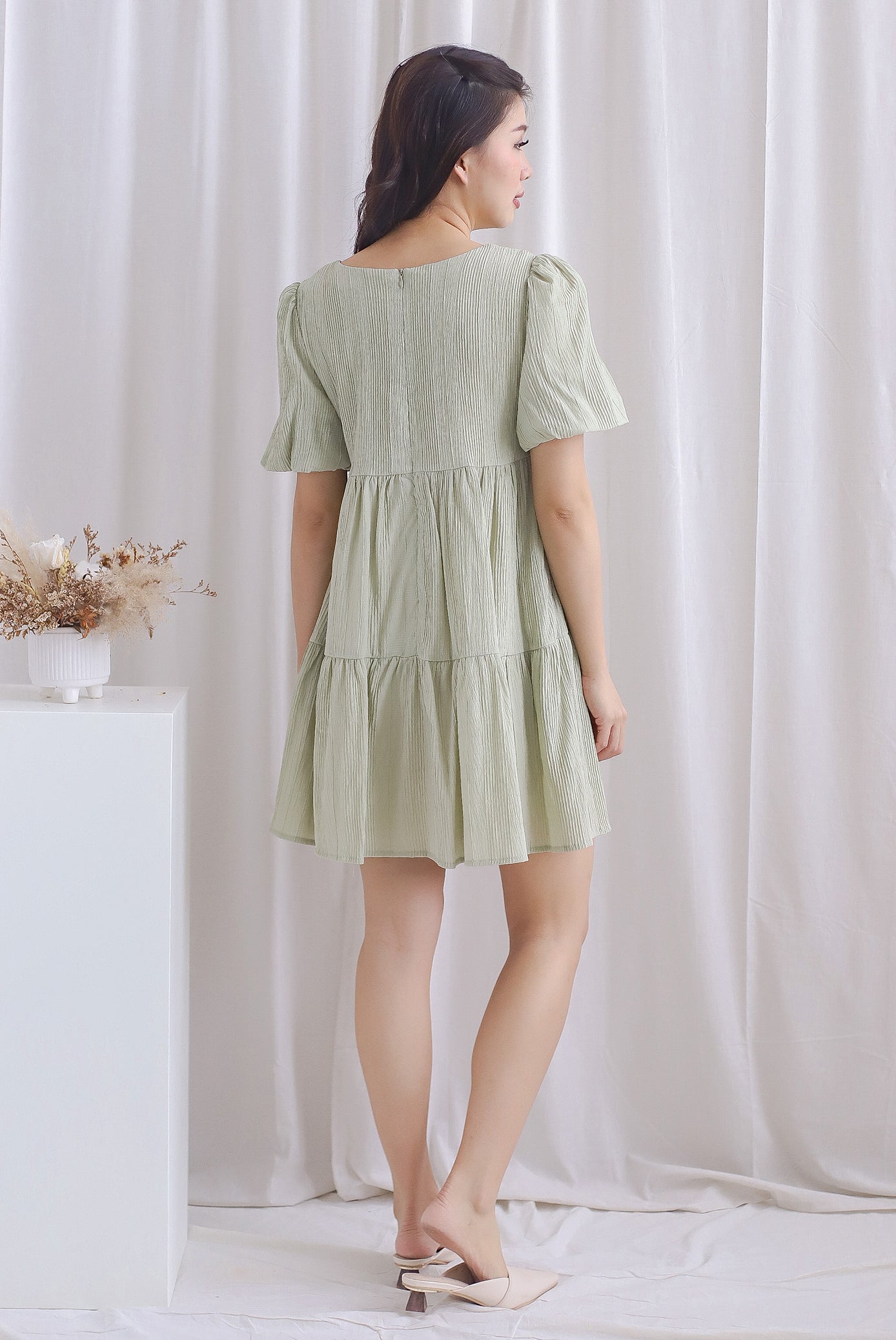 Alia Textured Babydoll Romper Dress In Sage