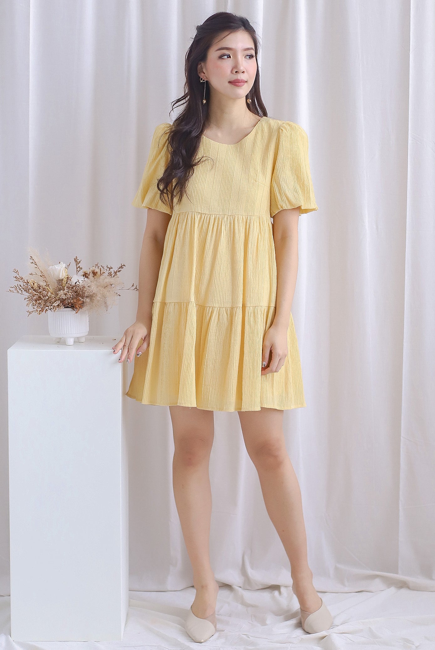 Alia Textured Babydoll Romper Dress In Yellow