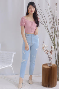 Ally Tie Up Puffy Sleeve Top In Pink