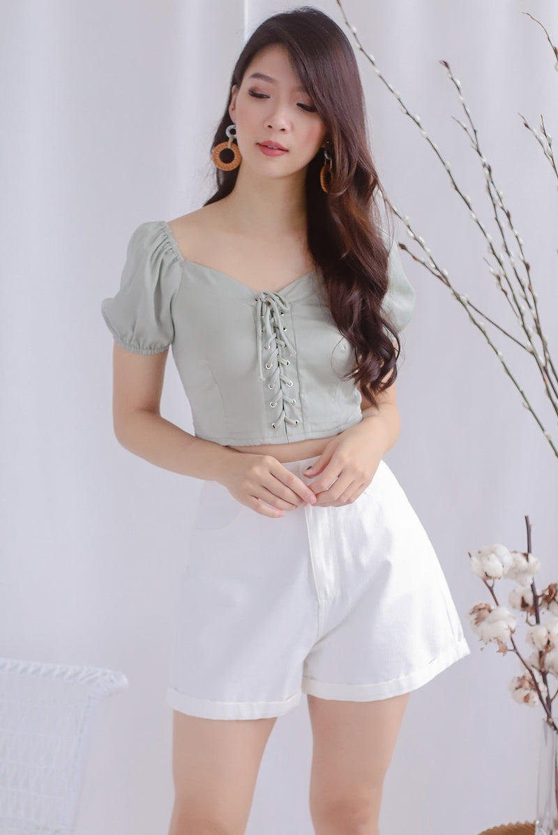 Ally Tie Up Puffy Sleeve Top In Sage