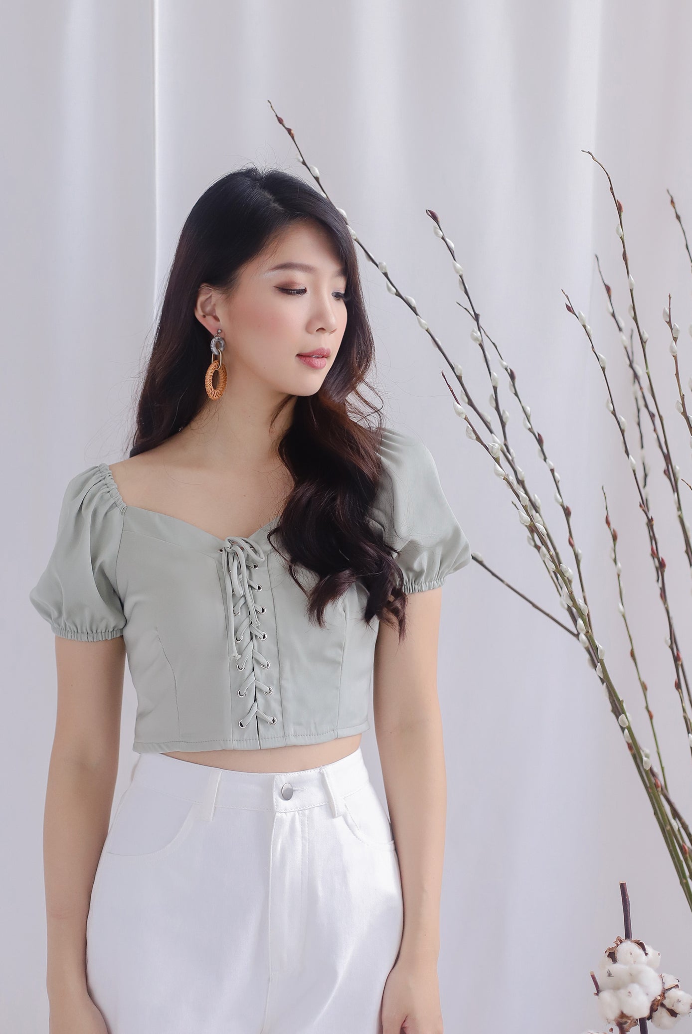 Ally Tie Up Puffy Sleeve Top In Sage
