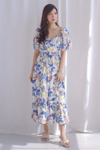 Audel Tropical Puffy Sleeve Faux Wrap Maxi Dress In Blue