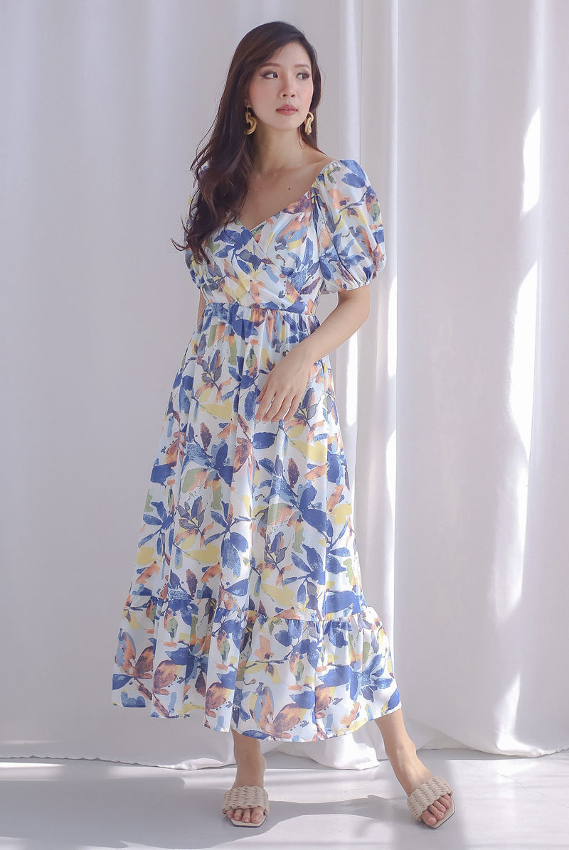 Audel Tropical Puffy Sleeve Faux Wrap Maxi Dress In Blue