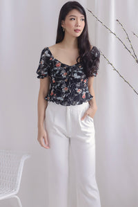 Avery Floral Ruched Puffy Sleeve Top In Black