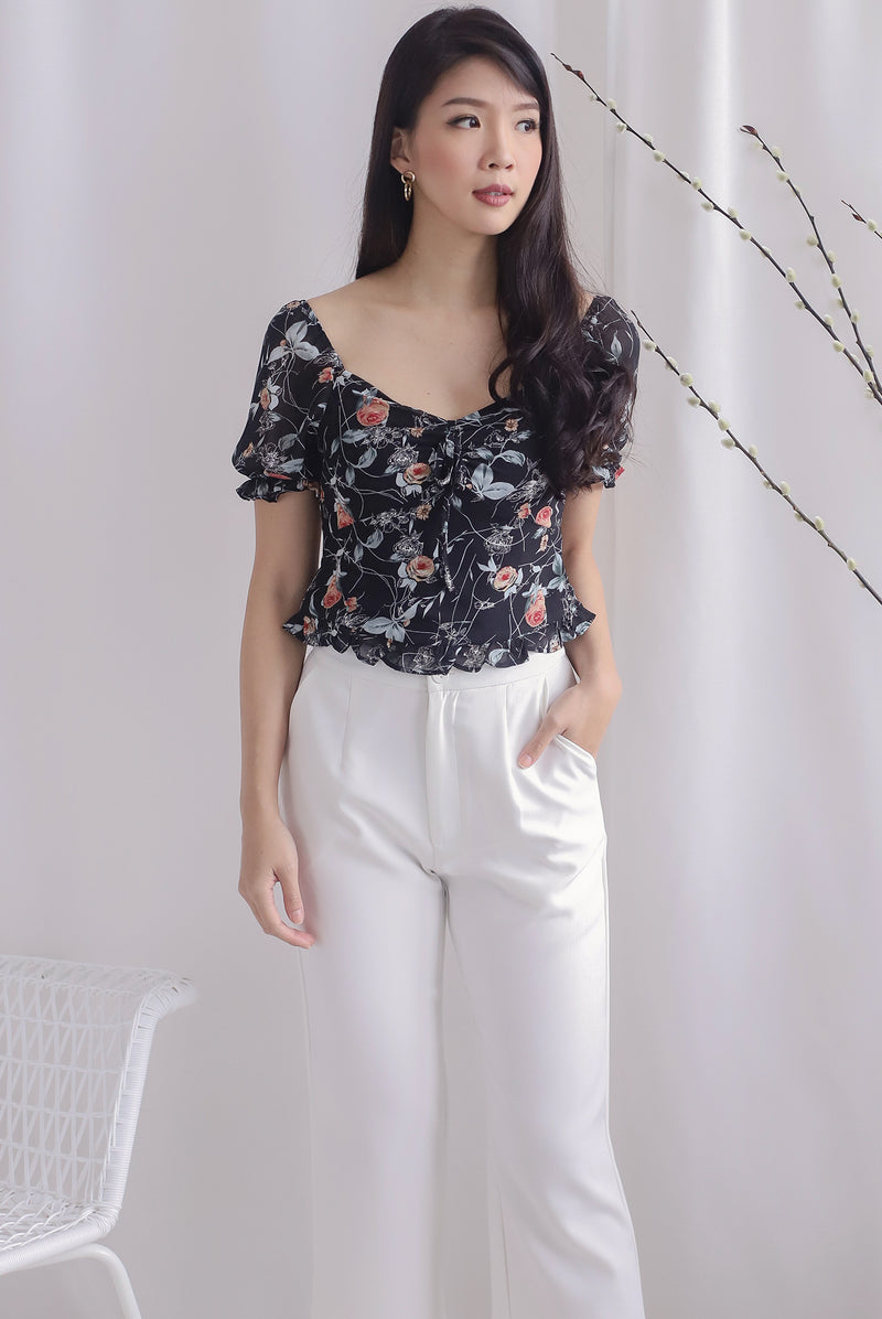 Avery Floral Ruched Puffy Sleeve Top In Black