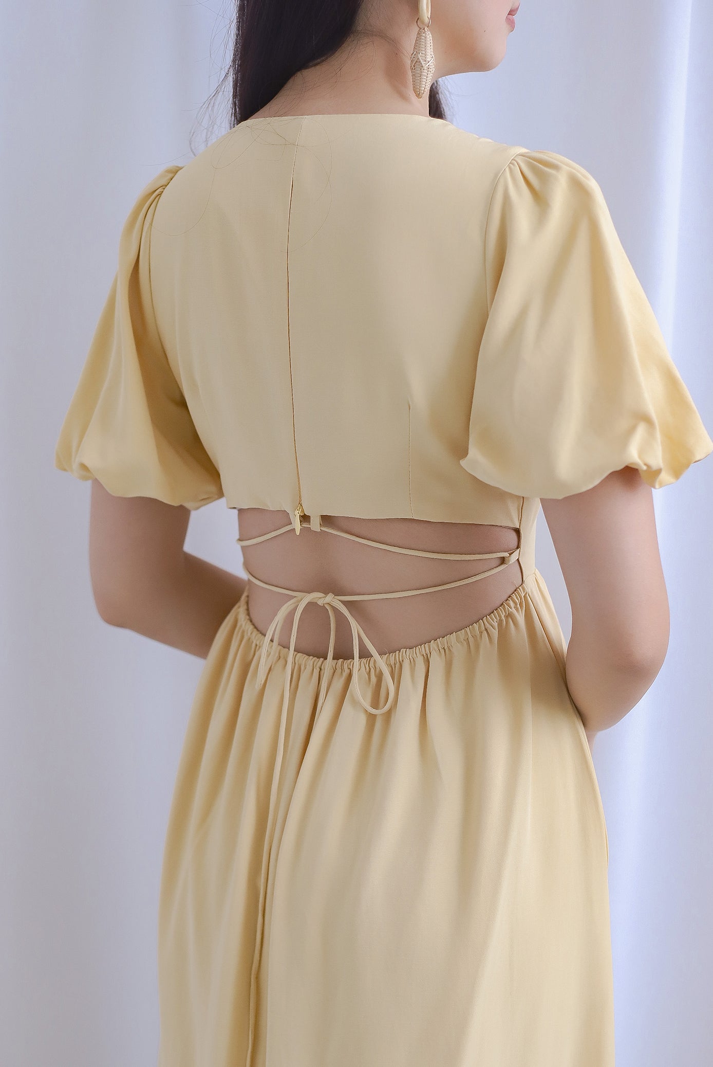 Square Neck Puff Sleeve Tie Back Dress