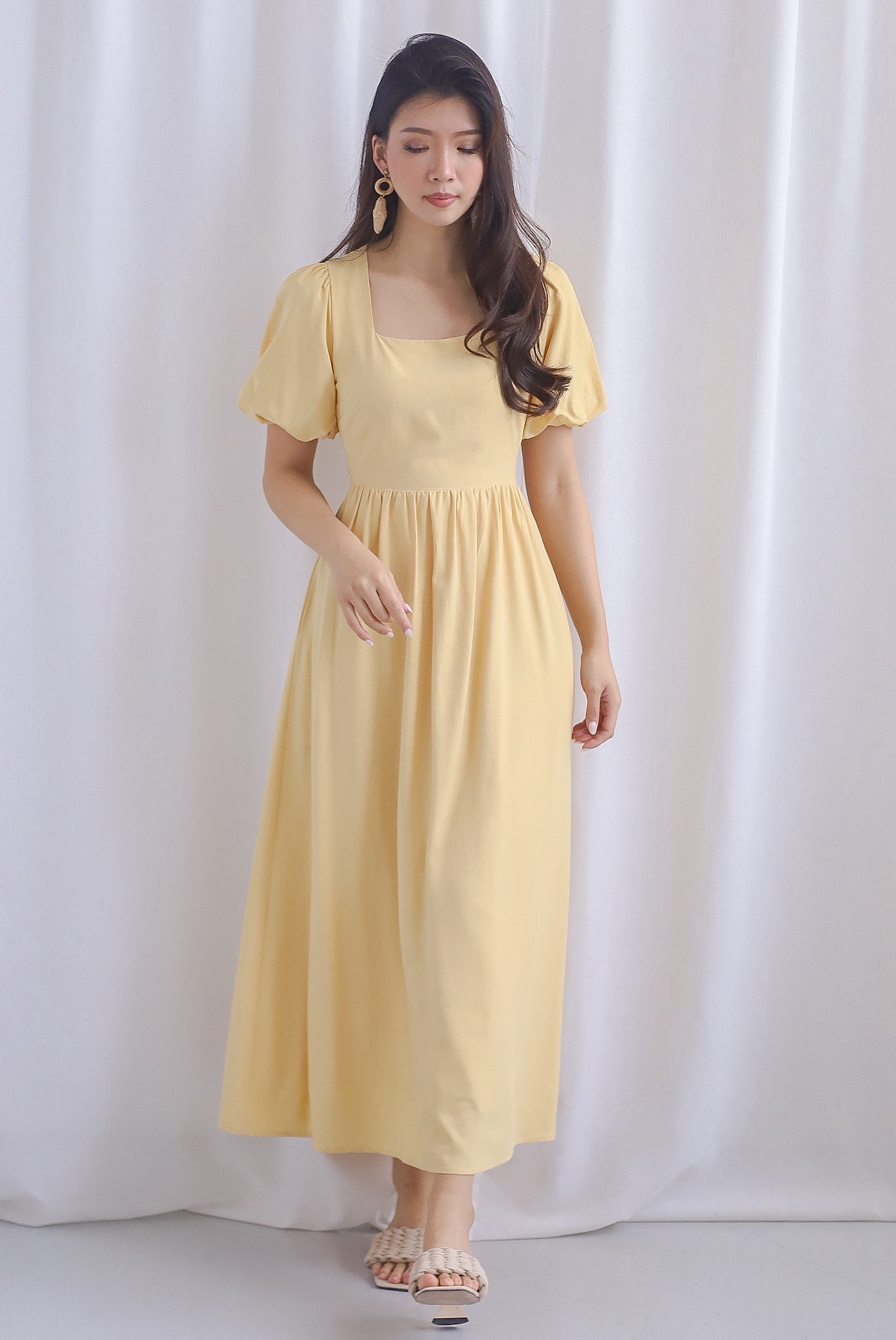 Bayleigh Puffy Sleeve Square Neckline Tie Back Dress In Custard The Design Closets Bayleigh Puffy Sleeve Square Neckline Tie Back Dress In Custard The Design Closets