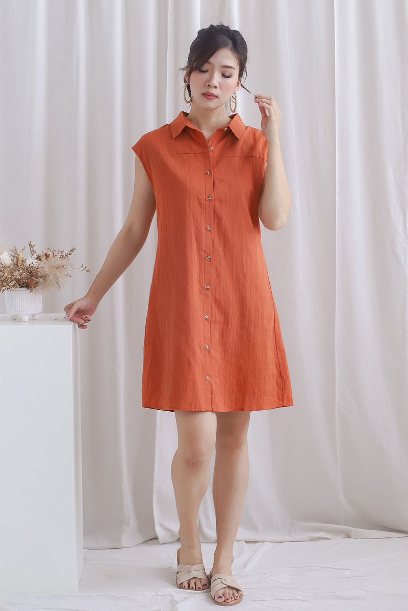 Becks Cap Sleeve Shirt Dress In Brick Orange