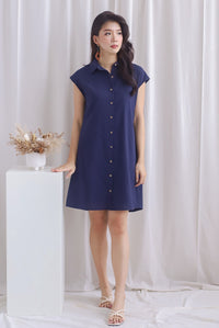 Becks Cap Sleeve Shirt Dress In Navy Blue