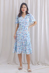 Blair Floral Flutter Sleeve Button Dress In Blue/Pink