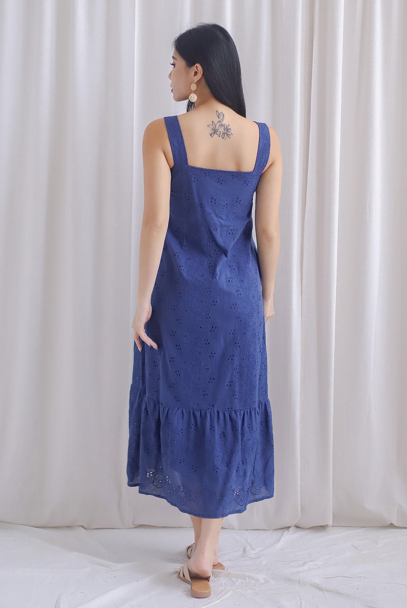 Bree Thick Strap Eyelet Maxi Dress In Navy Blue The Design Closets Bree Thick Strap Eyelet Maxi Dress In Navy Blue The Design Closets