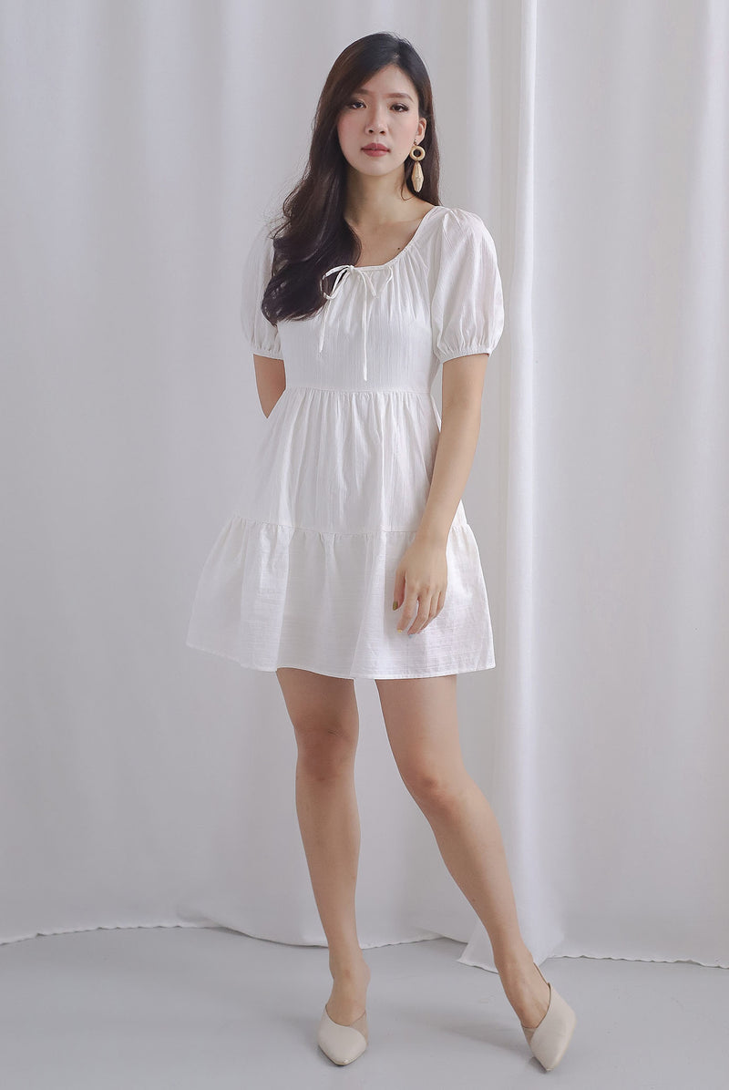 Brit Tie Front Puffy Sleeve Dress Romper In White
