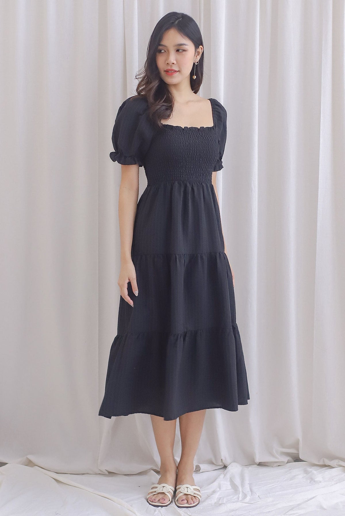 Celine Puffy Sleeve Lattice Textured Maxi Dress In Black