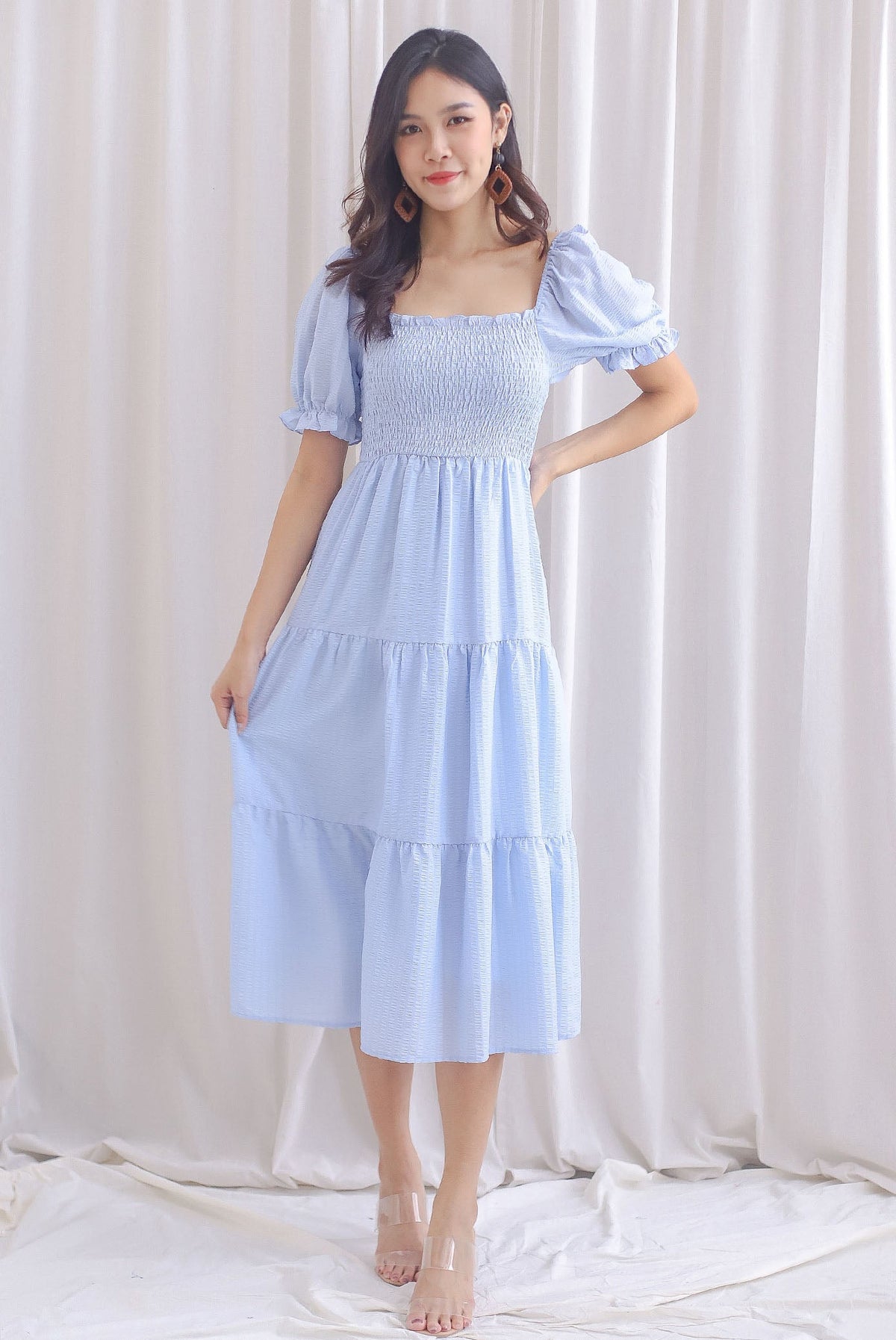 Celine Puffy Sleeve Lattice Textured Maxi Dress In Blue