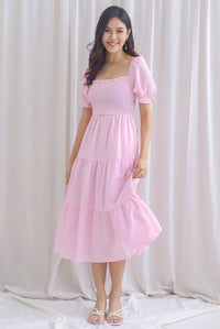 Celine Puffy Sleeve Lattice Textured Maxi Dress In Pink