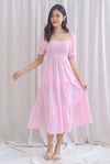 Celine Puffy Sleeve Lattice Textured Maxi Dress In Pink