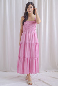 Charmion Spaghetti Ruched Tier Maxi Dress In Pink