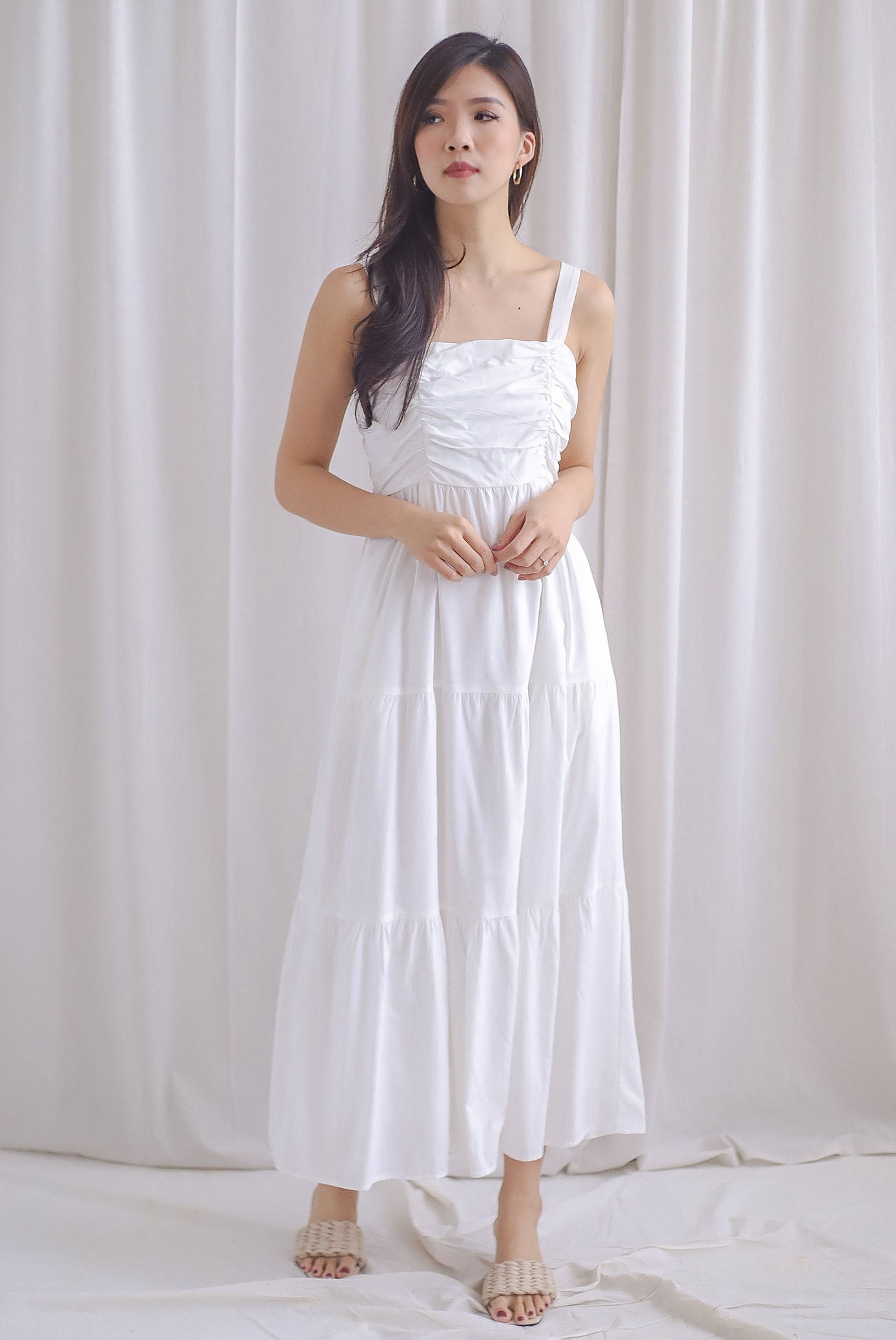 Charmion Spaghetti Ruched Tier Maxi Dress In White