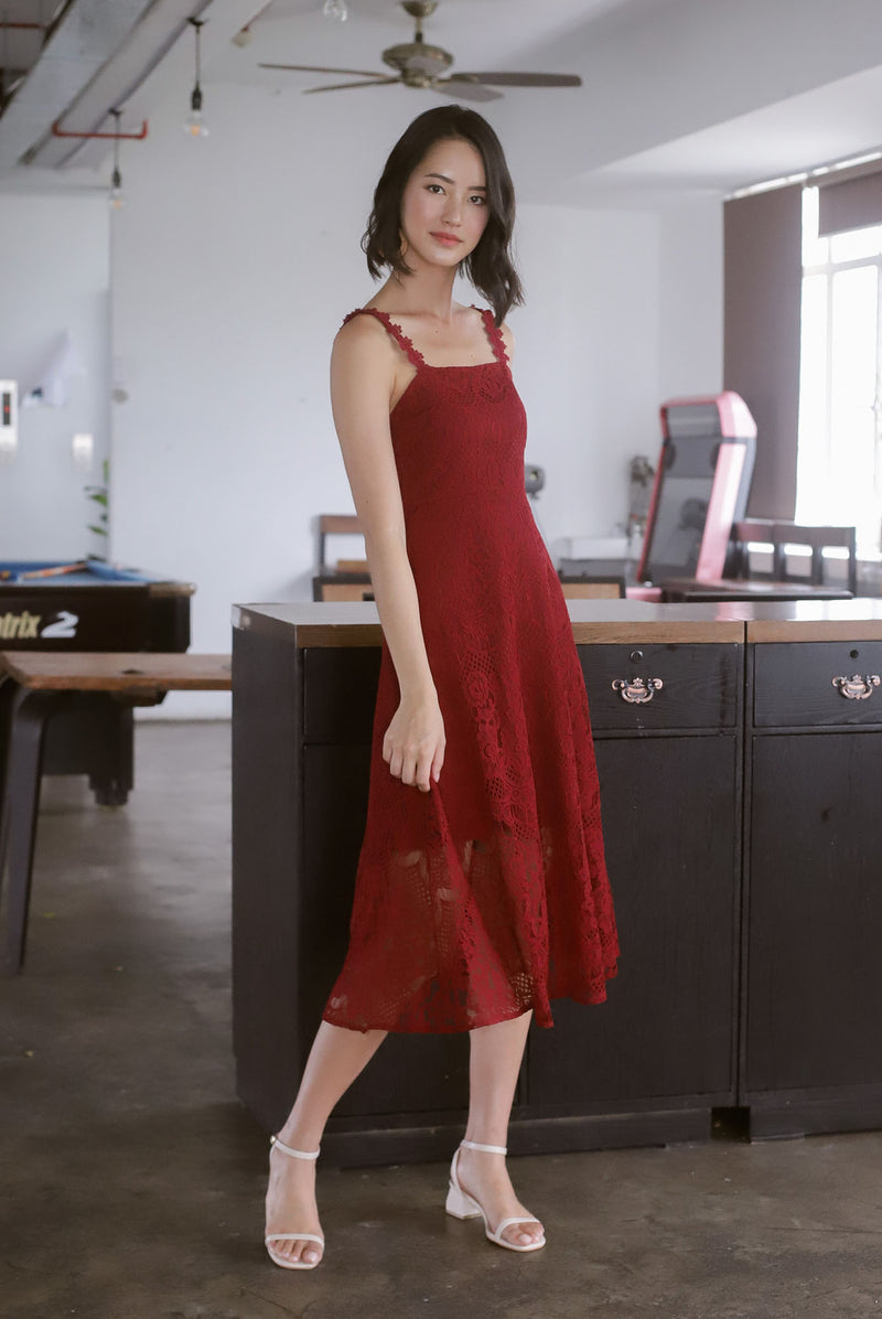 Christabel Lace Skater Dress In Wine Red