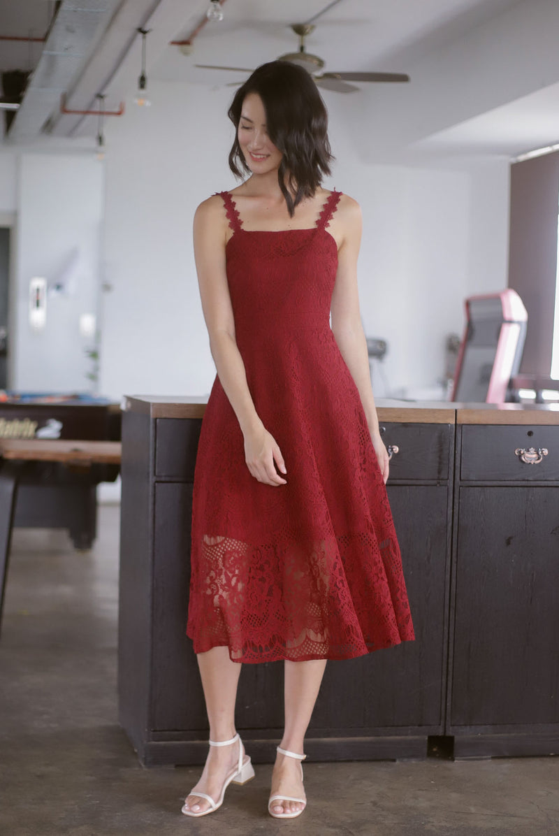 Christabel Lace Skater Dress In Wine Red