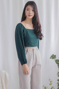 Christal Long Puffy Sleeve Top In Forest Green