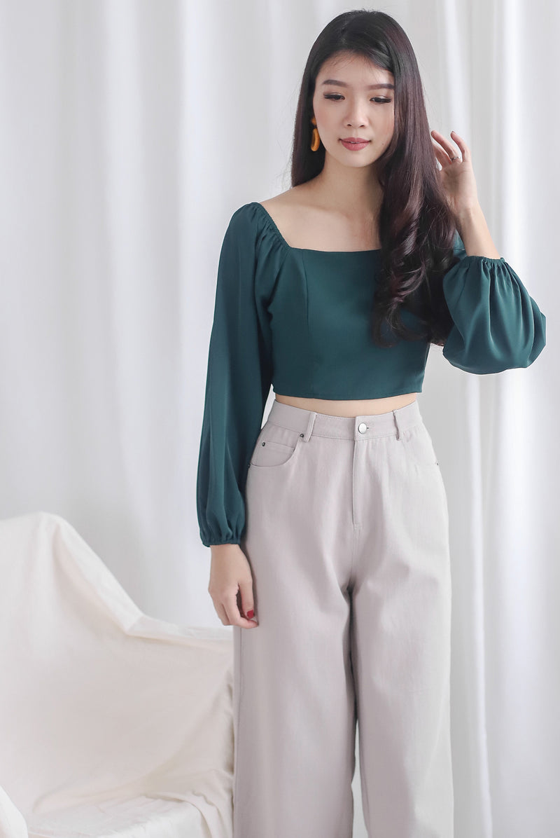 Christal Long Puffy Sleeve Top In Forest Green