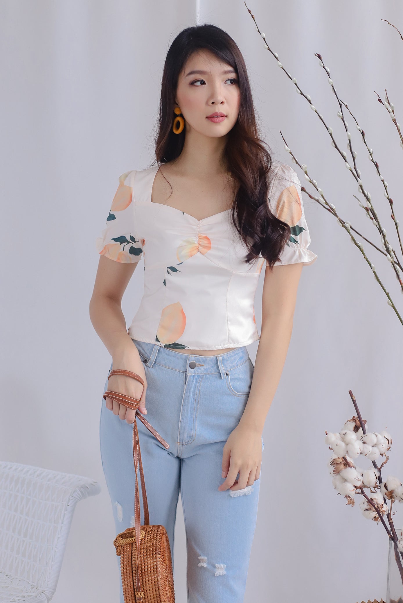Clemencia Lemon Ruched Bustier Top In Orange