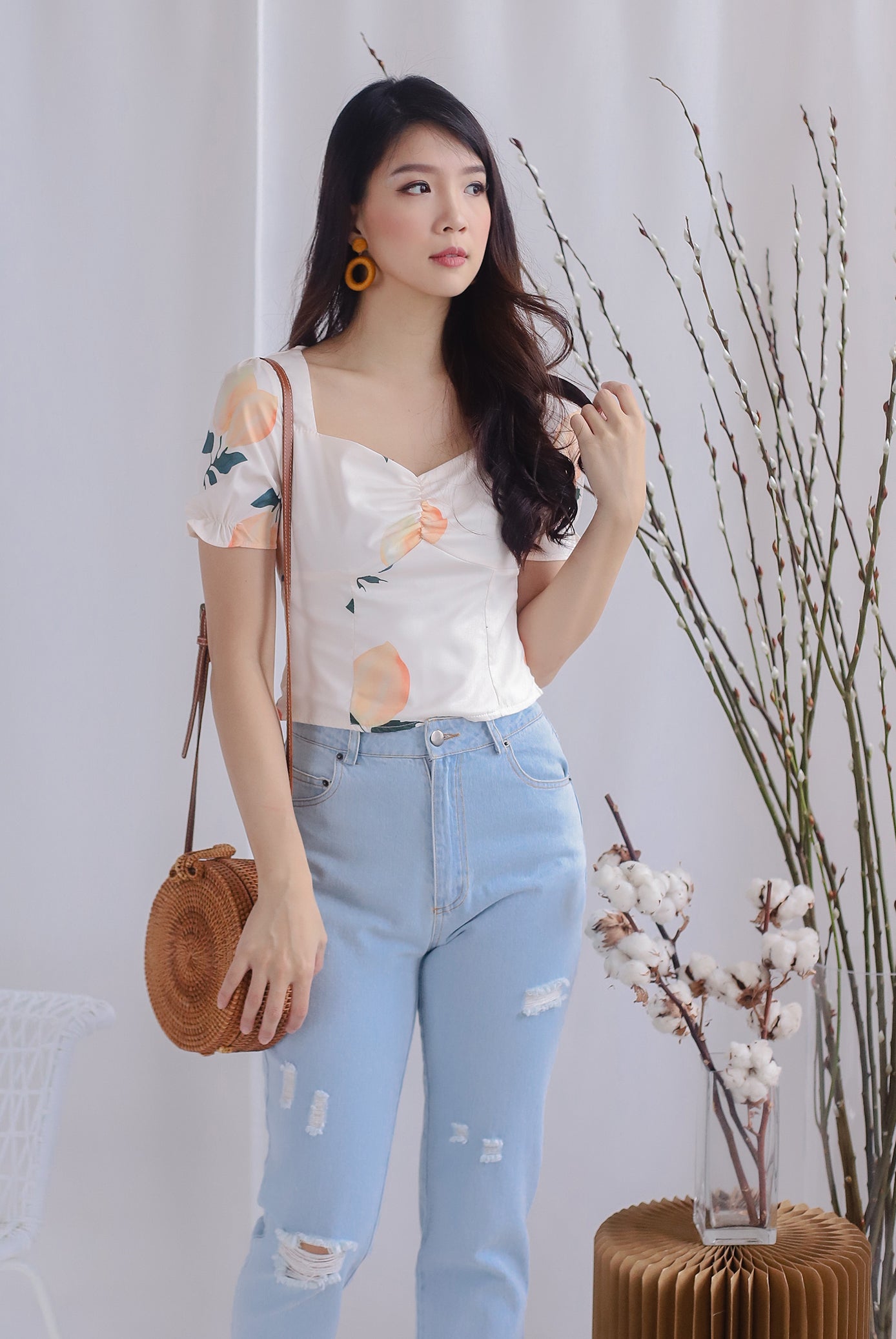 Clemencia Lemon Ruched Bustier Top In Orange