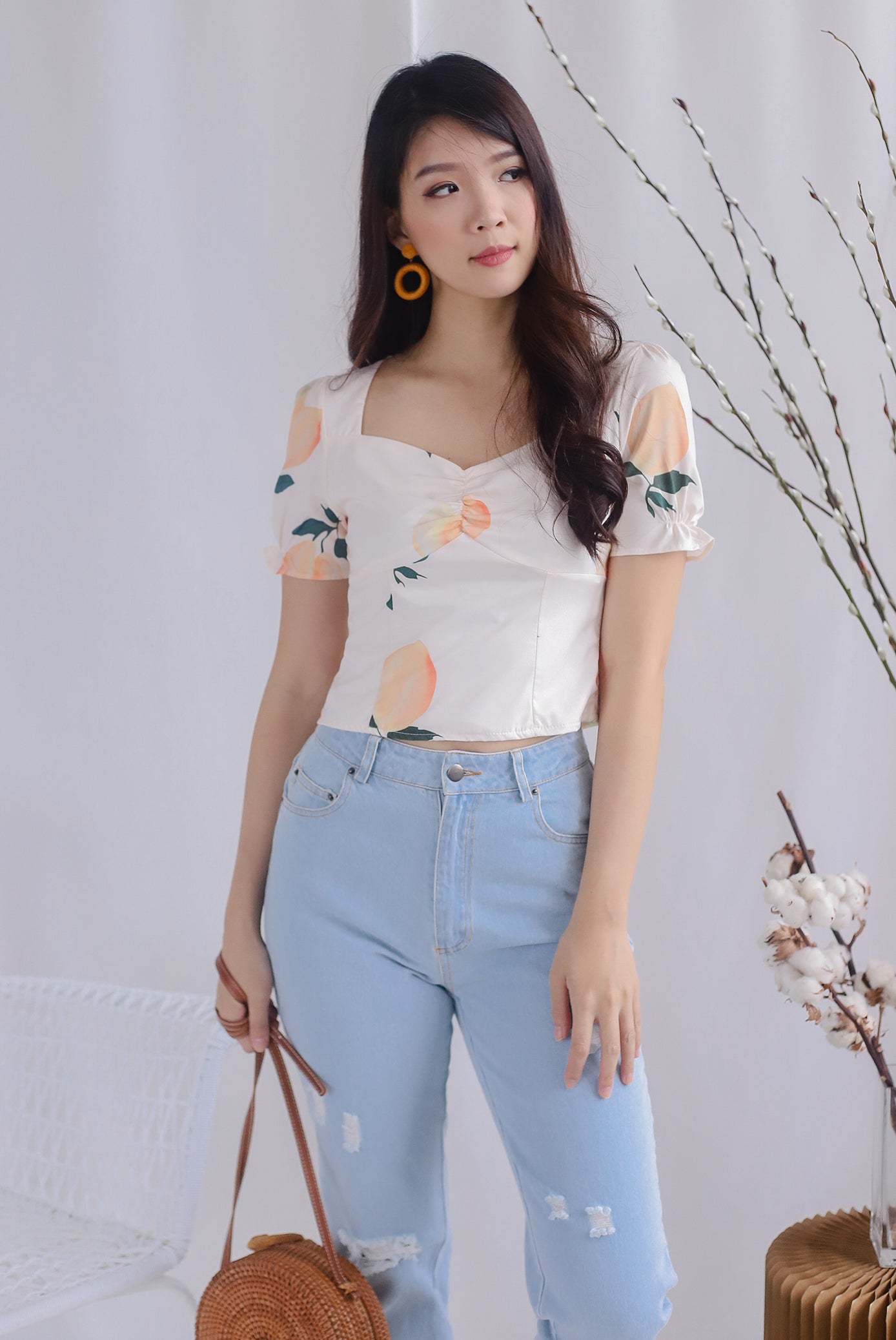 Clemencia Lemon Ruched Bustier Top In Orange