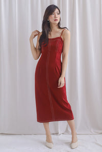 Concetta Contrast Stitch Midi Dress In Wine Red