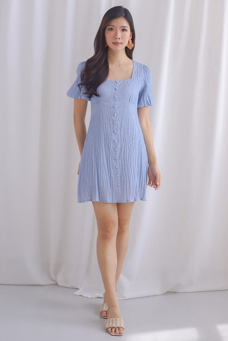 Cordelia Lattice Textured Romper Dress In Blue