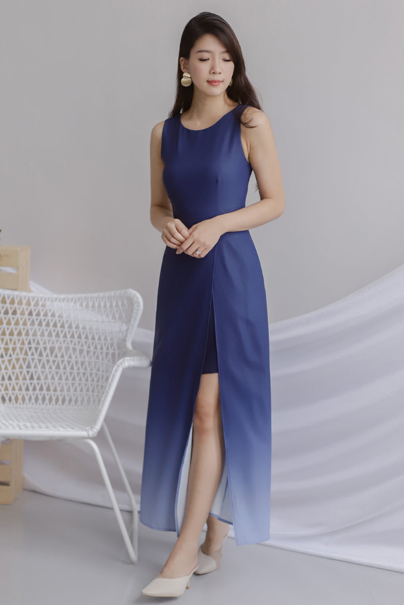 Costanza Ombre Slit Front Maxi Dress In Navy/Blue