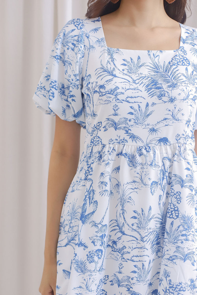 Daniela Porcelain Puffy Sleeves Dress Romper In Blue