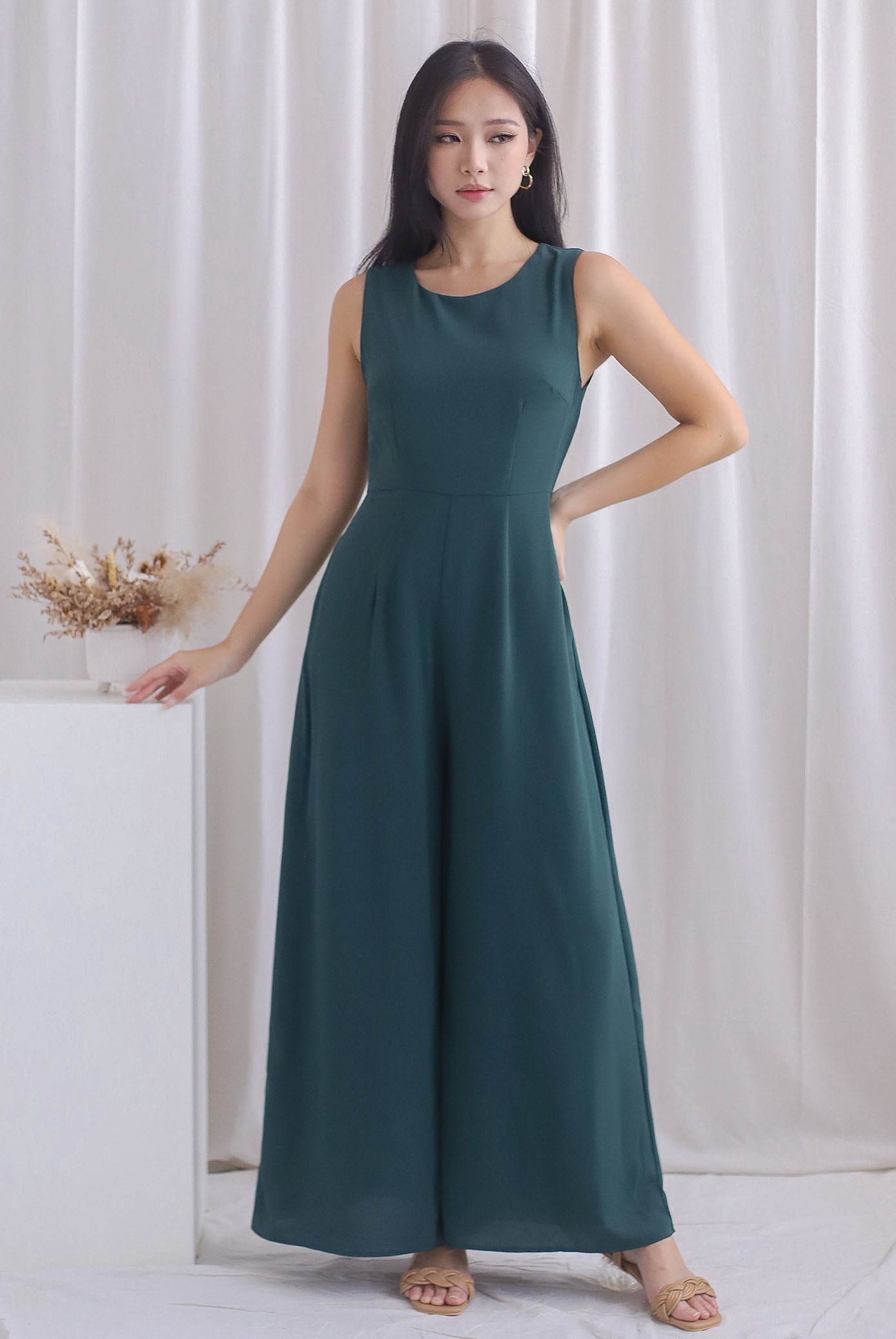 Dea Removable Sleeve Wide Leg Jumpsuit In Forest Green