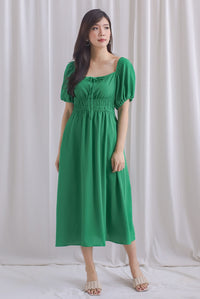 Dell Tie Front Elastic Waist Sleeved Dress In Kelly Green