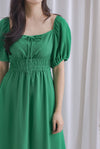 Dell Tie Front Elastic Waist Sleeved Dress In Kelly Green