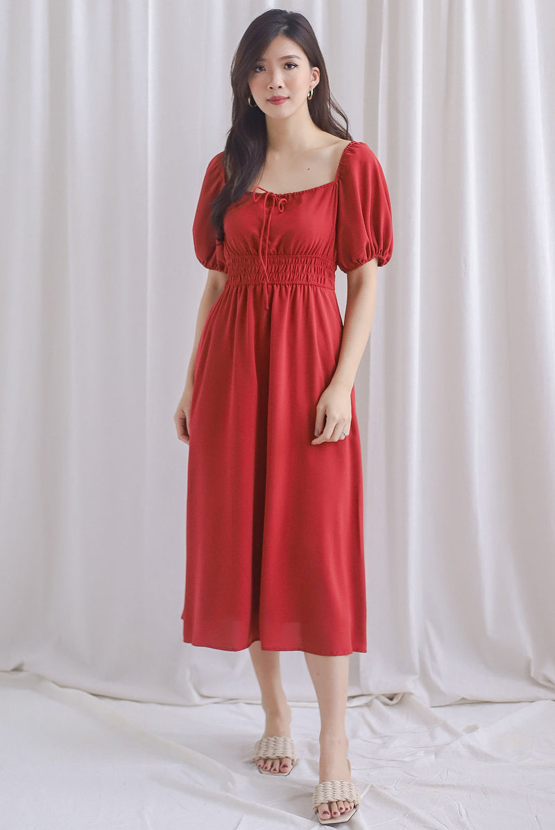 Dell Tie Front Elastic Waist Sleeved Dress In Wine Red
