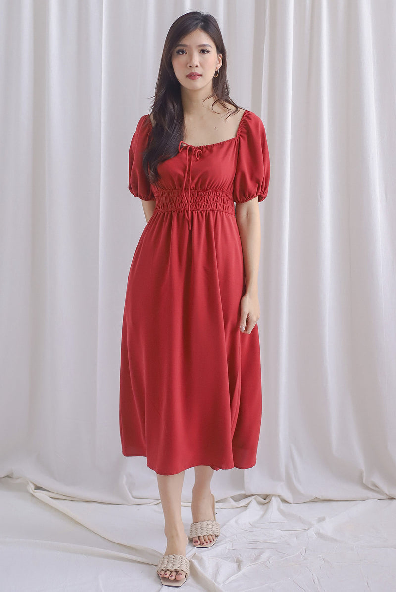 Dell Tie Front Elastic Waist Sleeved Dress In Wine Red