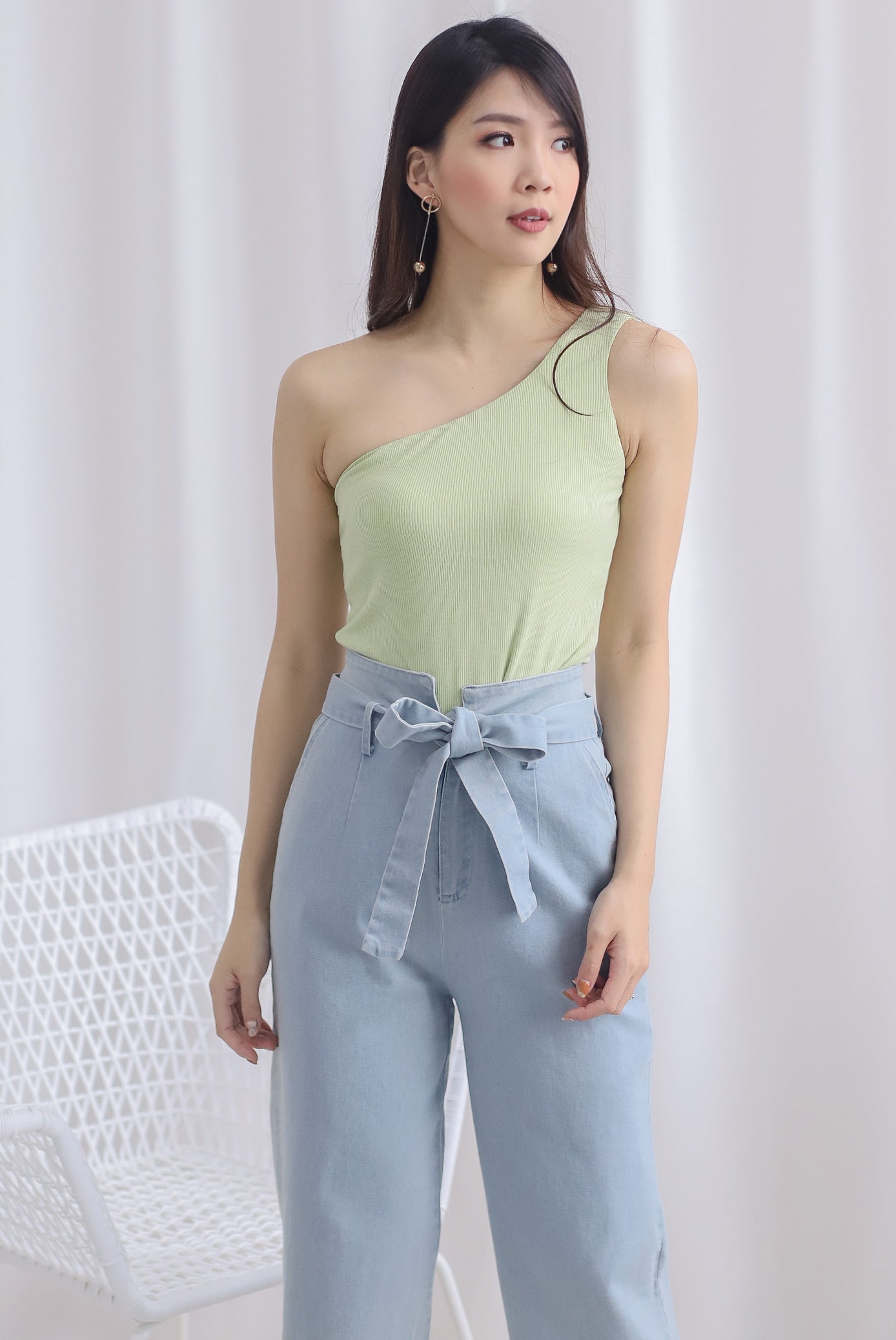 Eathelyn Ribbed Toga Top In Apple Green