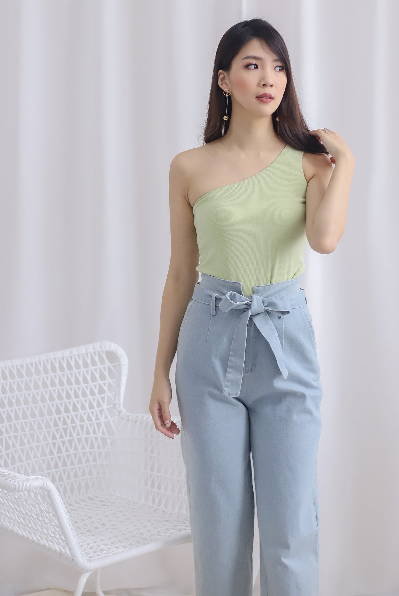 Eathelyn Ribbed Toga Top In Apple Green
