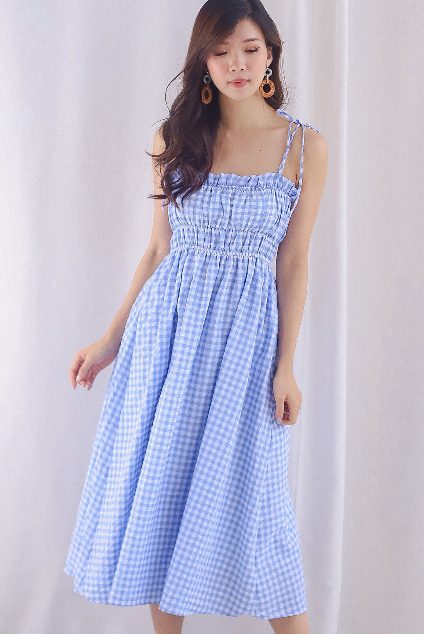 Elsie Tie Shoulder Babydoll Plaid Dress In Skyblue