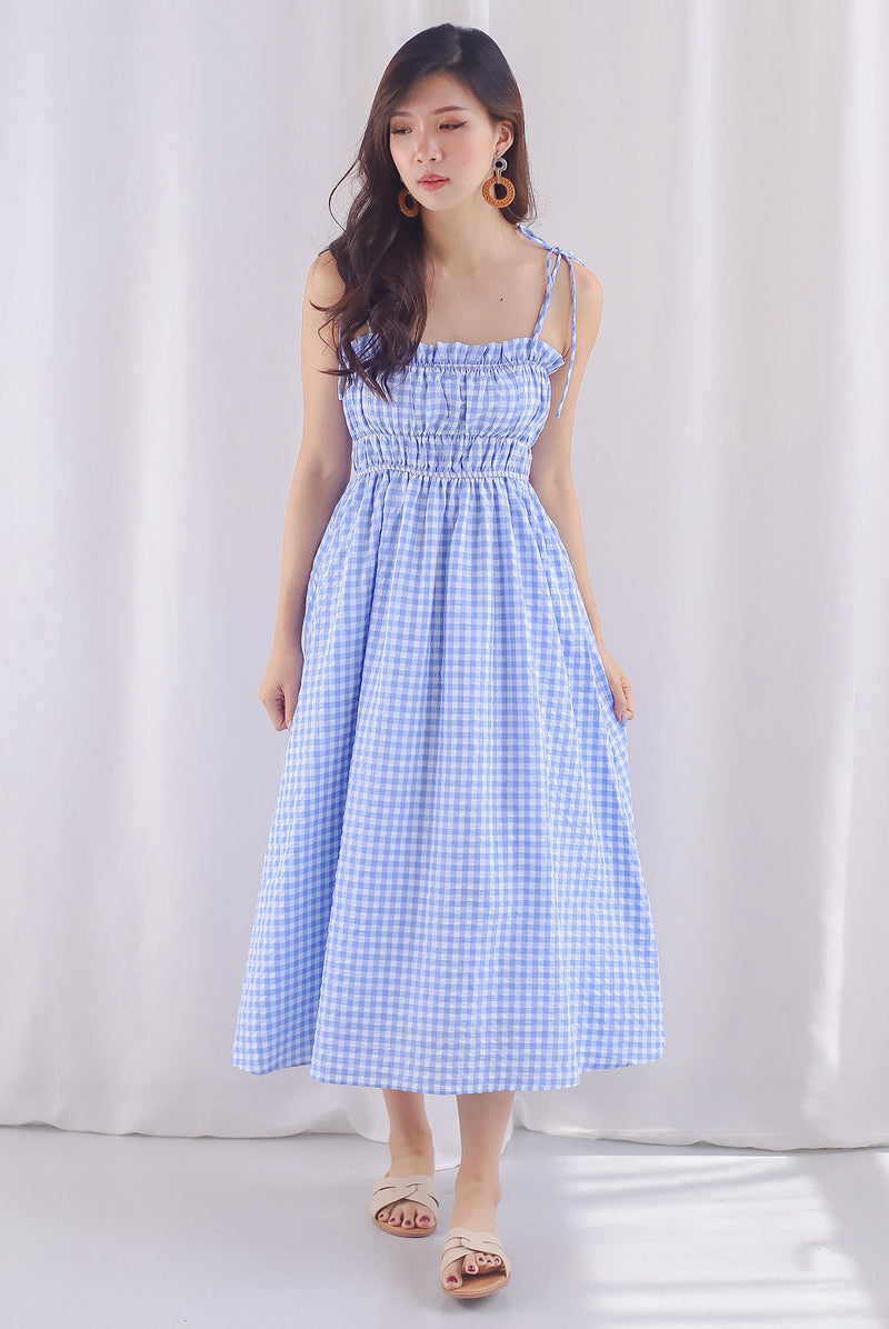 Elsie Tie Shoulder Babydoll Plaid Dress In Skyblue